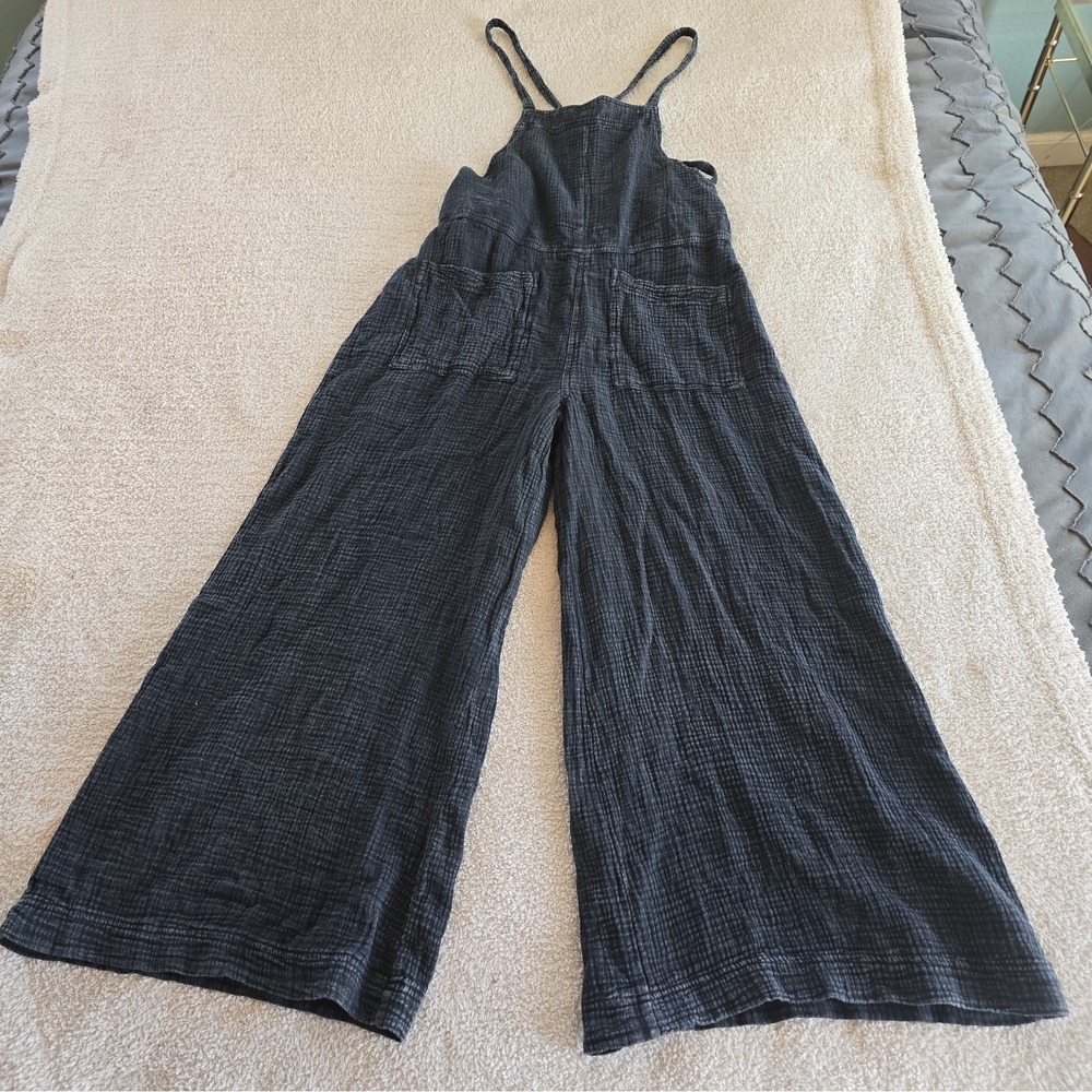 Easel Mineral Washed Cotton Gauze Palazzo Romper Jumper Wide Leg Gray Sz S